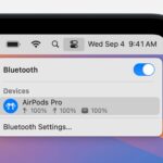 AirPods Pro connected to MacBook Pro shown in macOS Control Center Bluetooth menu. Learn how to connect AirPods to MacBook.