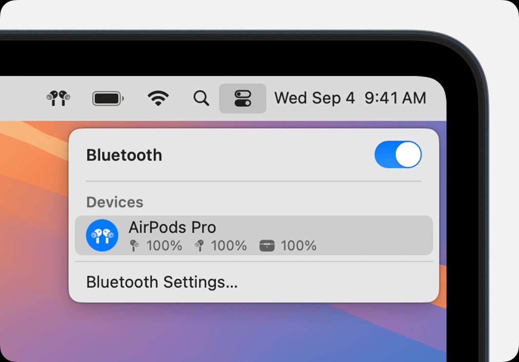 Control Center Bluetooth menu on macOS showing AirPods Pro connected, ready for audio output.