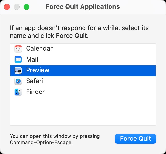 Force Quit Applications window