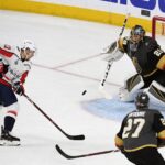 Marc-Andre Fleury of the Vegas Golden Knights defends against the Washington Capitals during the 2018 Stanley Cup Final series, highlighting the NHL's championship tournament.