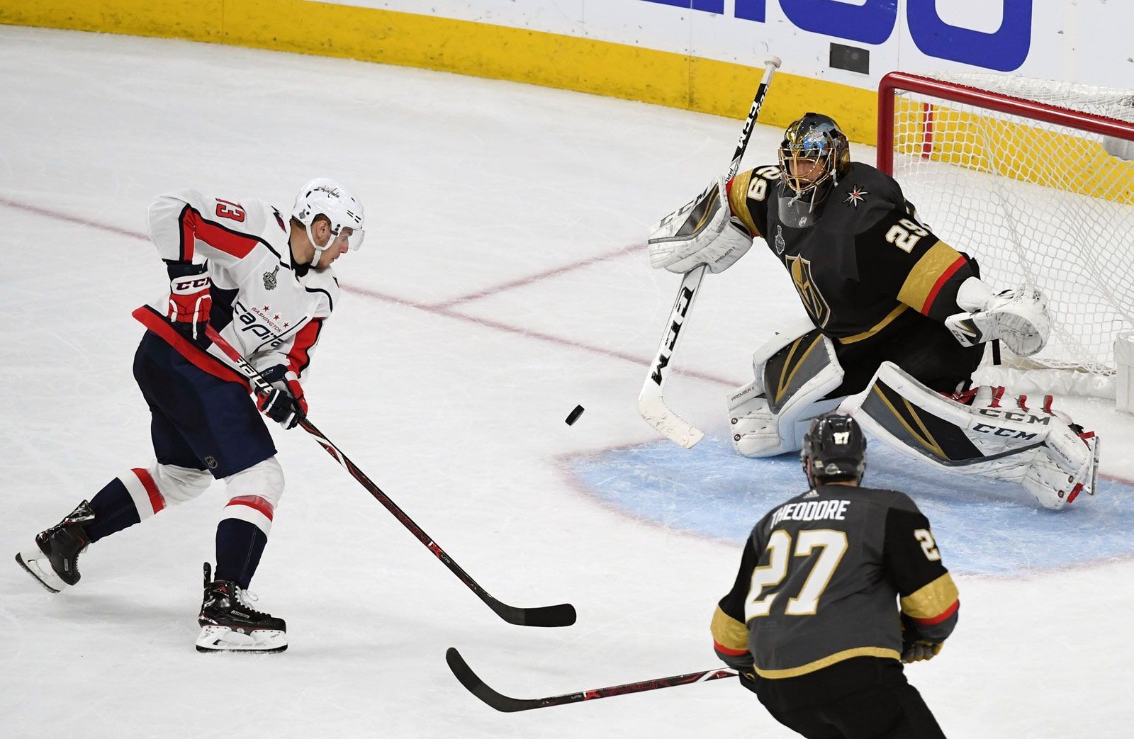 Marc-Andre Fleury of the Vegas Golden Knights defends against the Washington Capitals during the 2018 Stanley Cup Final series, highlighting the NHL's championship tournament.