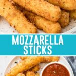 collage of momarella sticks, top image close up on sticks, bottom image is birds eye view shot