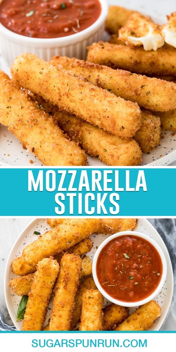 collage of momarella sticks, top image close up on sticks, bottom image is birds eye view shot