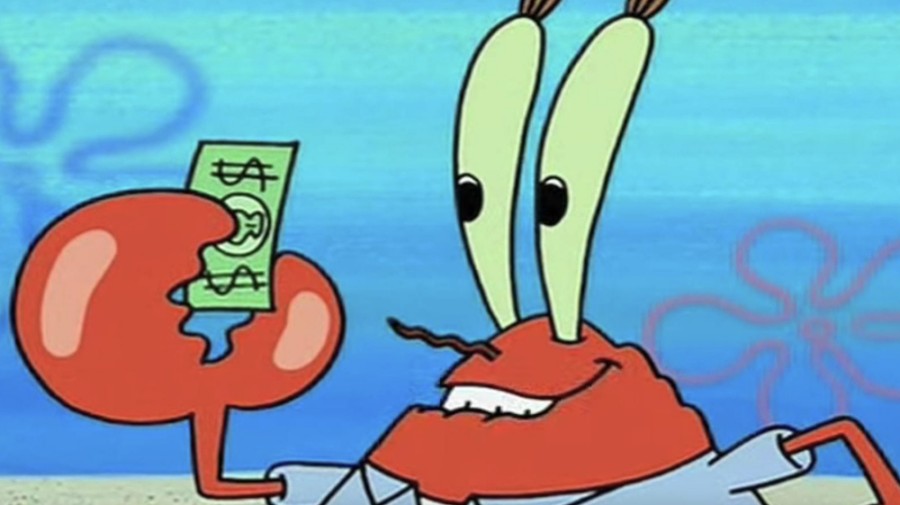 Mr. Krabs looking concerned and greedy