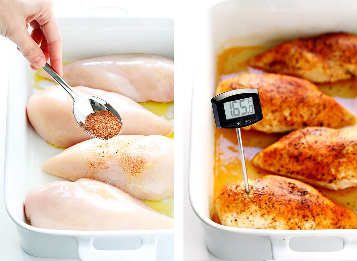 Close-up of seasoning being sprinkled on chicken breasts