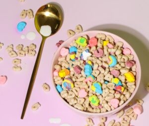 Bowl of sugary cereal with marshmallows