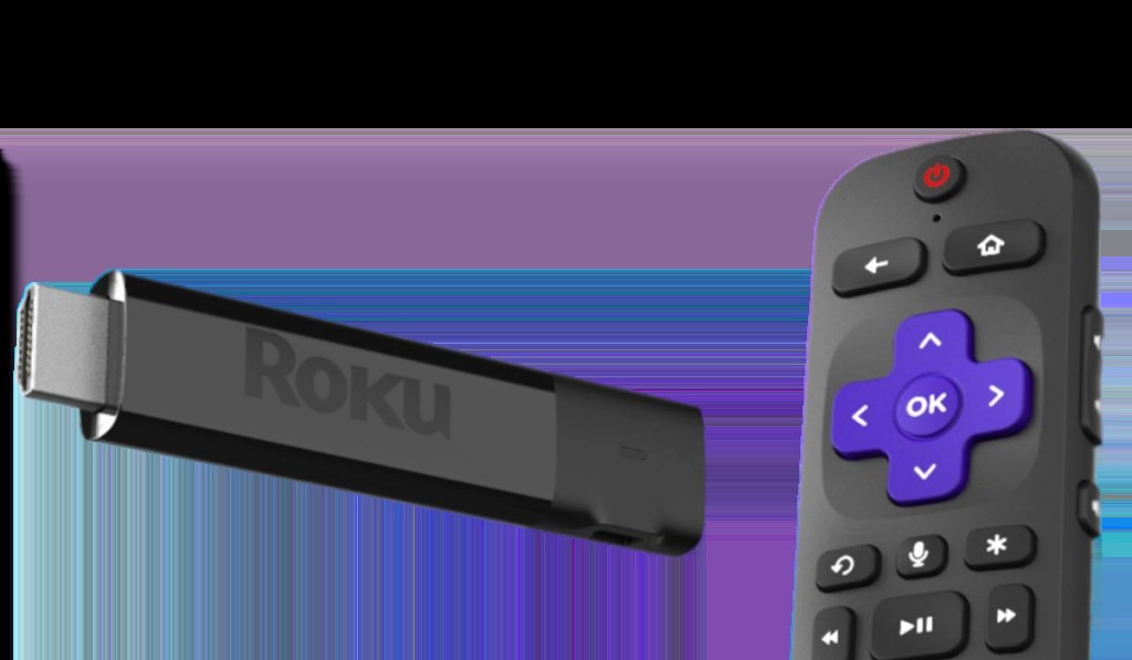 A Roku streaming stick plugged into a TV's HDMI port, with a simple Roku remote placed beside it, illustrating a compact and user-friendly streaming setup.