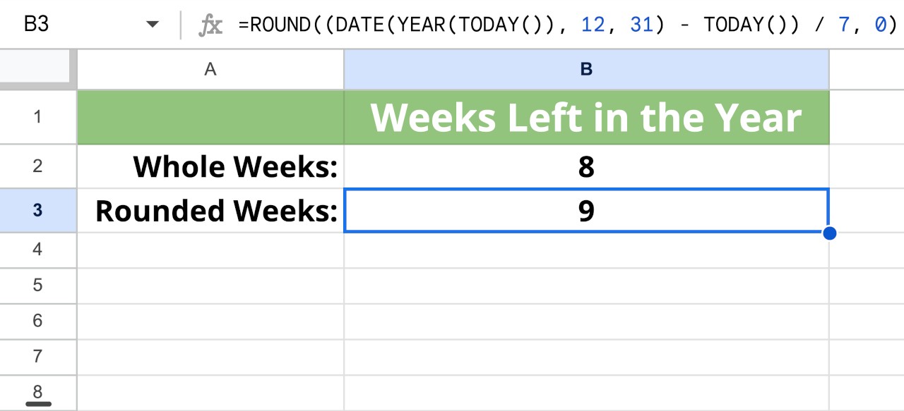 Formula in Google Sheets to calculate rounded weeks left in 2024