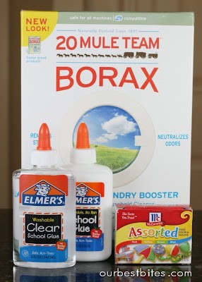 Ingredients for making slime: borax powder, water, Elmer's glue, and food coloring