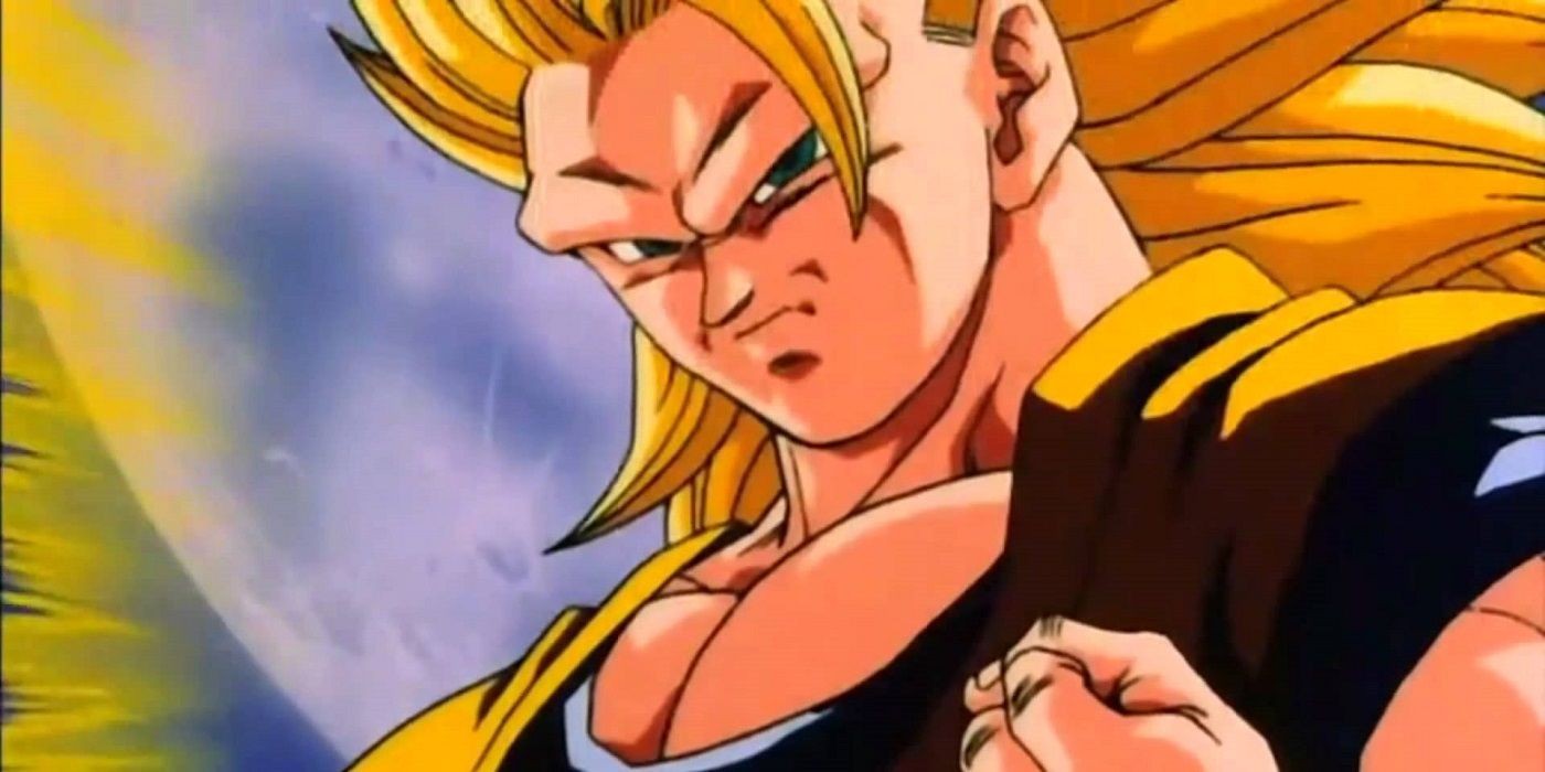 Super Saiyan 3 Goku powering up intensely during his fight against Majin Buu in Dragon Ball Z