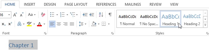 Applying a Heading Style in Microsoft Word: Select text and choose a style from the Styles group on the Home tab.