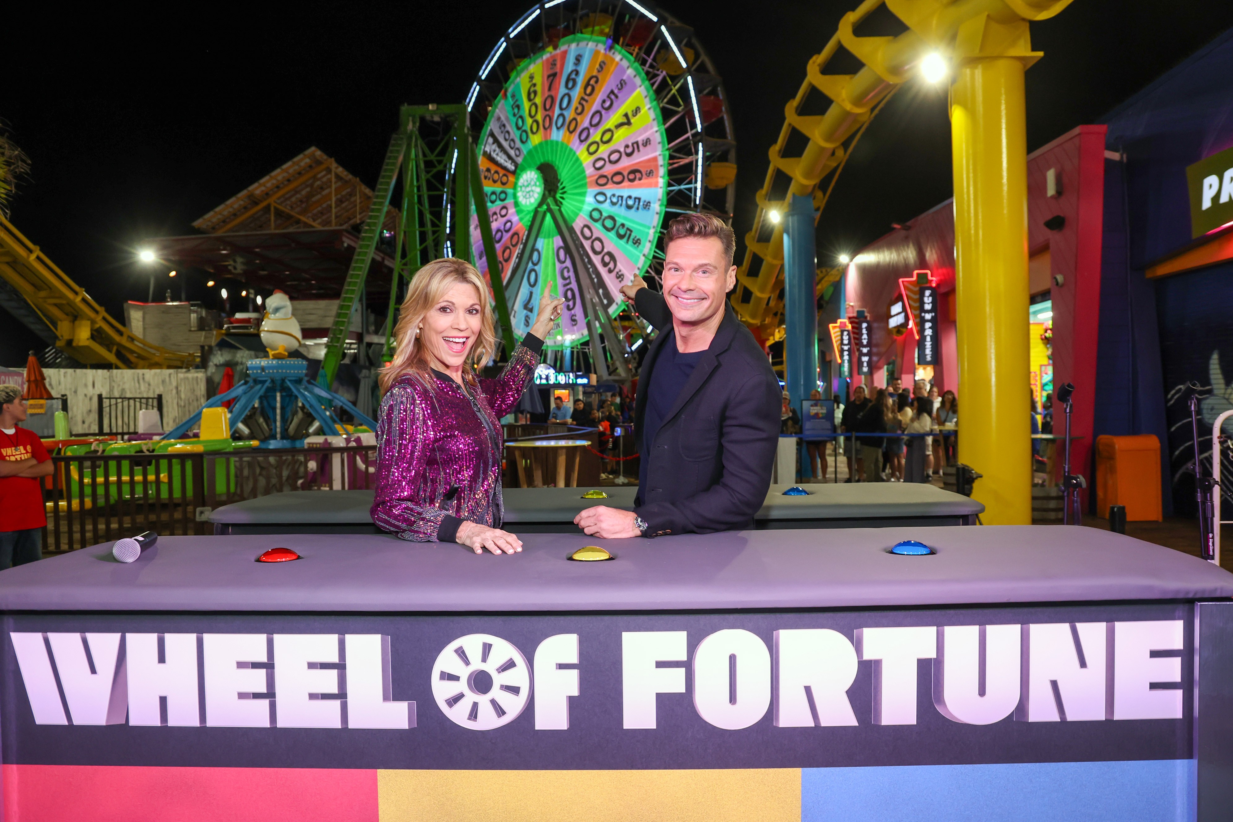 Vanna White and Ryan Seacrest attend the WOF S42 â Pier Wheel Launch at Santa Monica Pier on August 30, 2024 in Santa Monica, California.