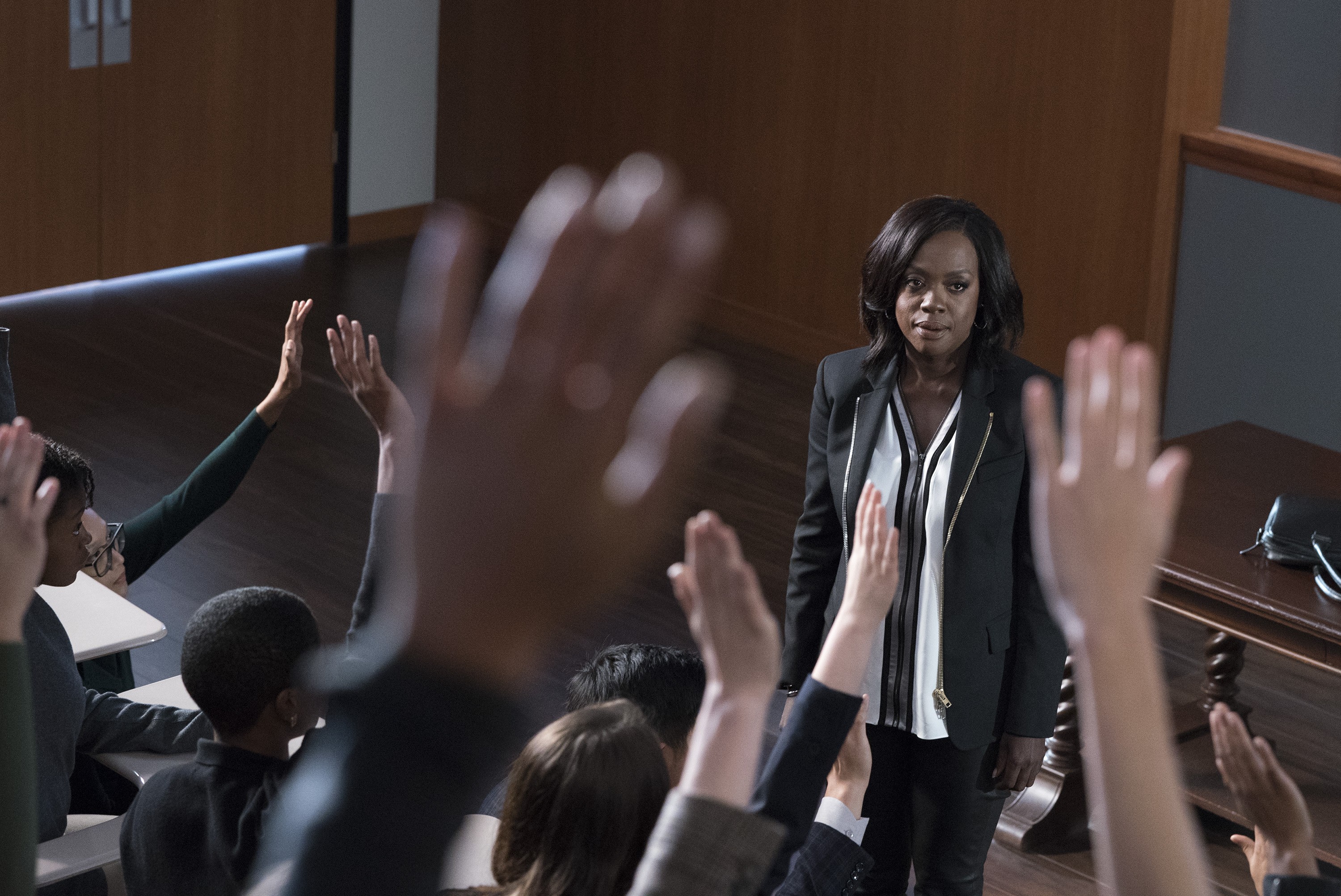 Viola Davis as Professor Annalise Keating in How to Get Away with Murder, teaching law students in a classroom