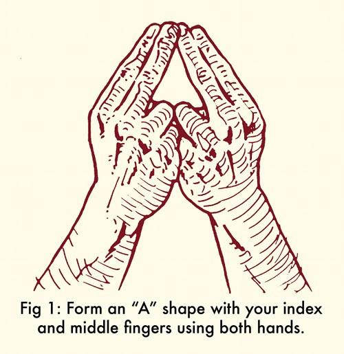 Two-handed finger whistle technique using index and middle fingers, forming an 'A' shape to create a loud piercing whistle.