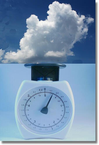 Conceptual image of a cloud on a weight scale, representing the question 'How much do clouds weigh?'