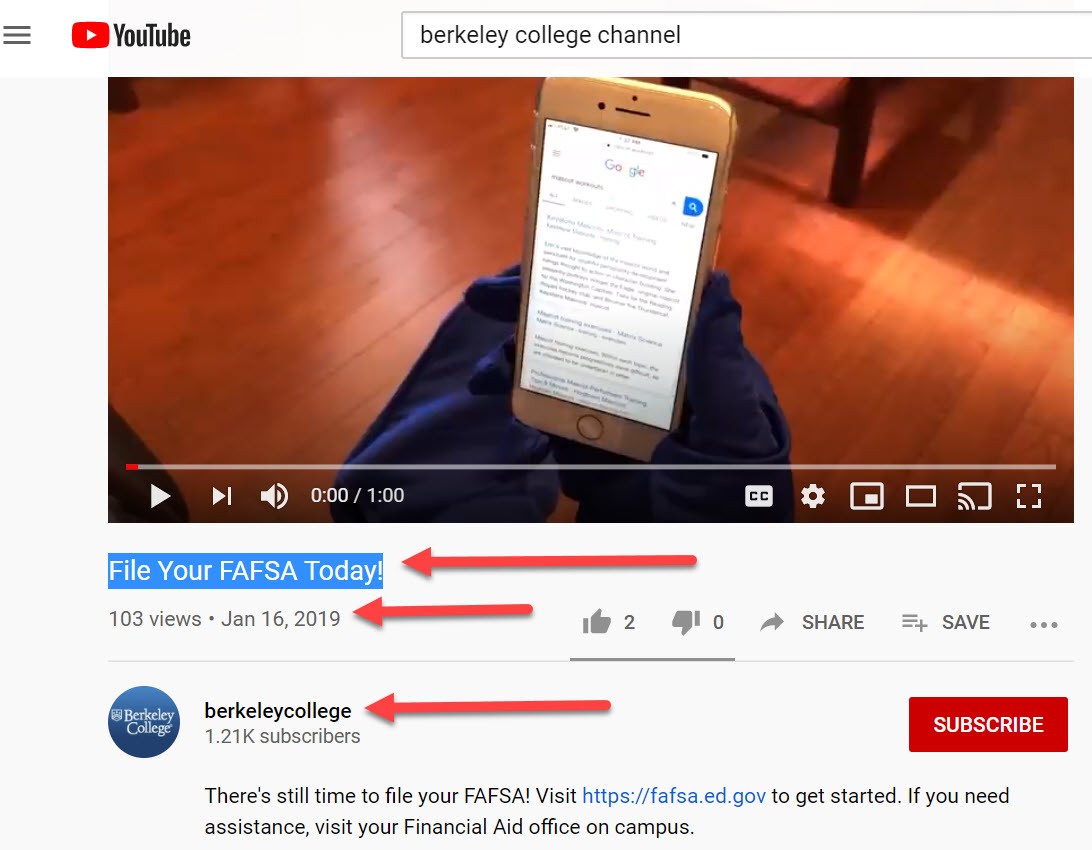 Example of YouTube video citation in APA and MLA formats, showing Berkeley College video citation