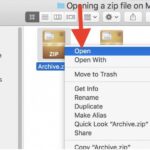 The Open and Open With options for opening a ZIP file on a Mac