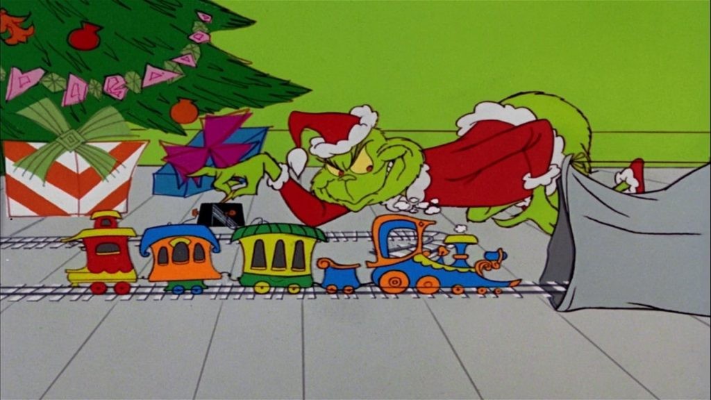 The Grinch plotting his Christmas theft in vibrant color