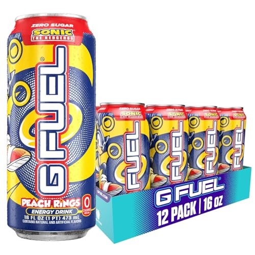 G Fuel Energy Drink, Peach Ring Candy, Sugar Free Beverage with 300mg Caffeine, Daily Energy Boost with Focus Amino, Vitamin + Antioxidants, 16 oz Cans (Sonic, 12-Pack)