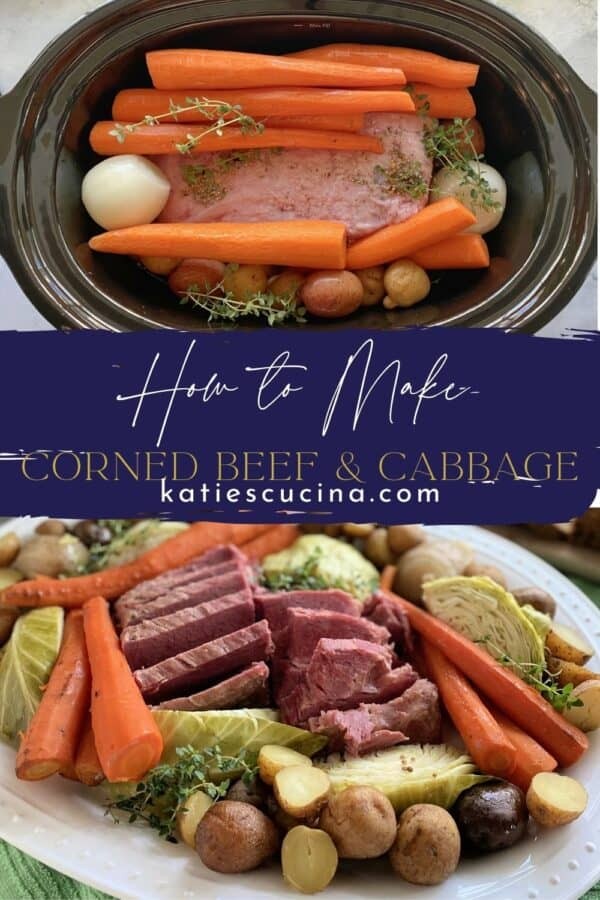 Two photos split by text; top of a slow cooker filled and bottom of a platter filled with meat and vegetables, demonstrating the cooking process and final dish.