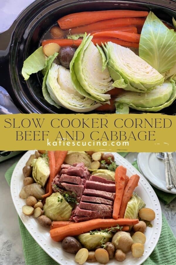 Slow cooker corned beef brisket with vegetables, showcasing the result of a low and slow cooking method.