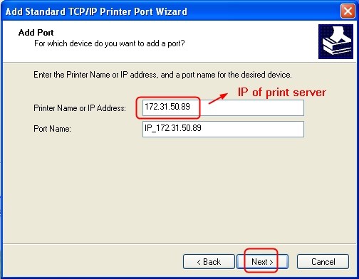 Inputting the IP address of the print server
