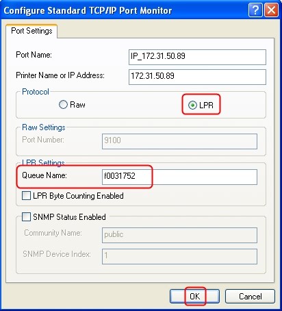 Choosing LPR protocol and entering the queue name
