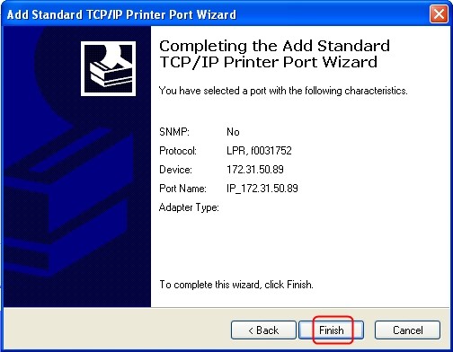 Completing the addition of the TCP/IP printer port