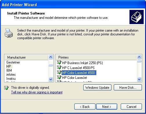 Installing the printer driver from disk