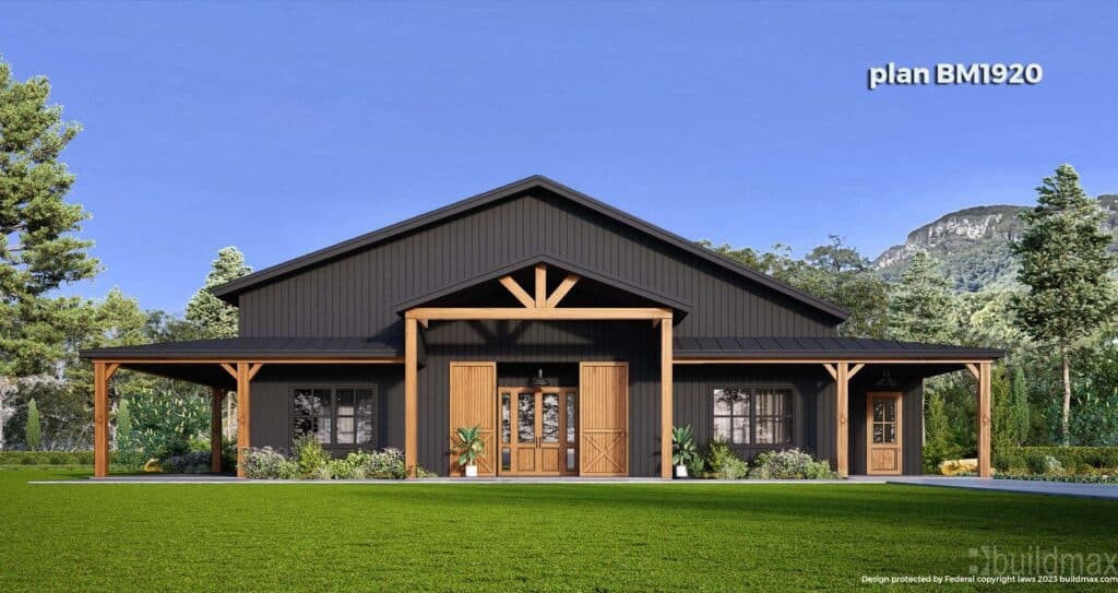 Interior view of a modern and spacious barndominium, highlighted by a rustic touch that enhances its unique character