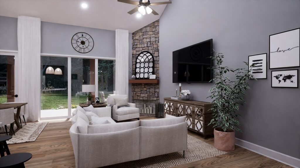 View of a living room inside a barndominium, showcasing comfortable seating and inviting decor