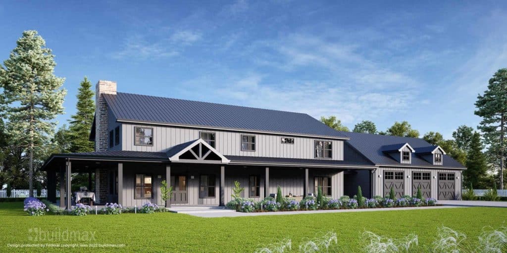 Exterior of a gray barndominium featuring a three-car garage and a wraparound porch, combining ample space with a welcoming design