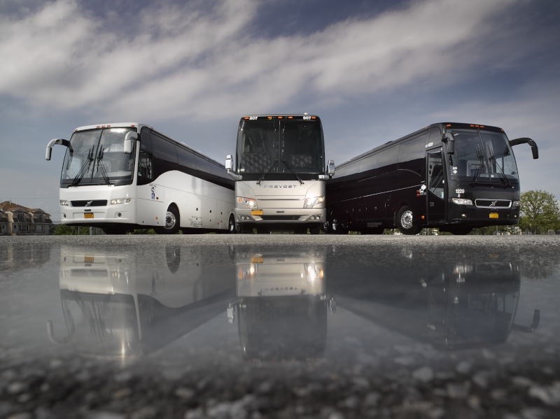 Bus parking in front of buildings