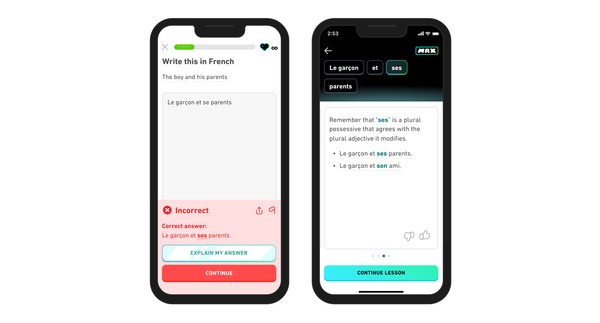 Two iPhone screens demonstrating the Explain My Answer feature, showcasing personalized feedback on a translation exercise.