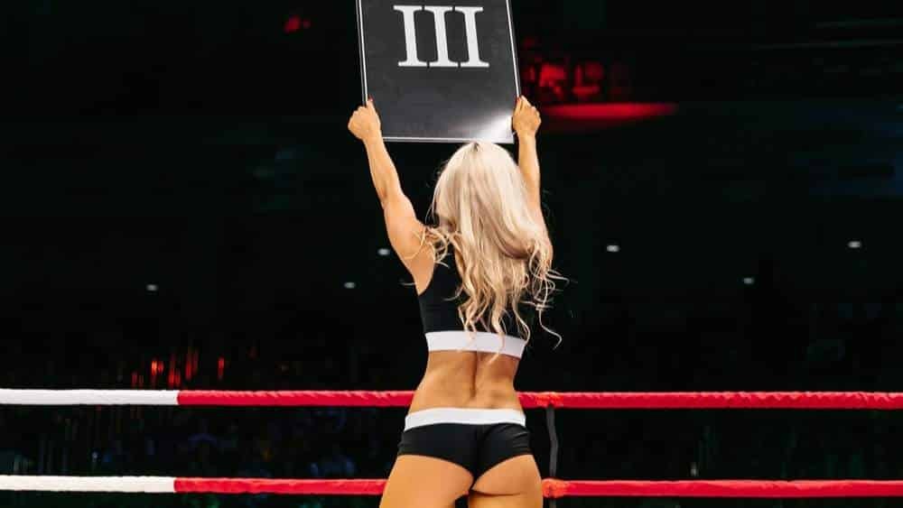 A UFC ring goal holding a sign for round three