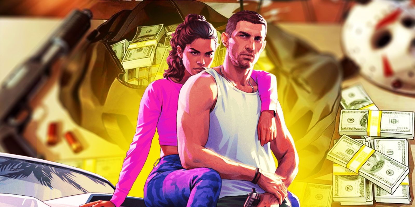 Grand Theft Auto protagonists with money, symbolizing the potential high cost of GTA 6.
