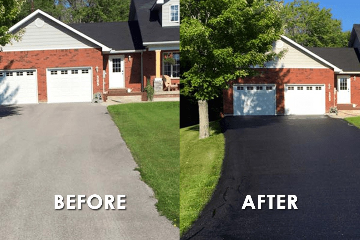Residential 2-car asphalt driveway resurfacing - before and after