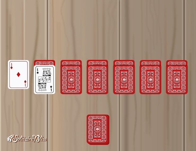 Step-by-step showing the arrangement of cards for Solitaire setup, emphasizing dealing the second row with one face-up card