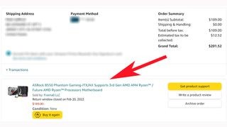 Amazon order history showing motherboard purchase