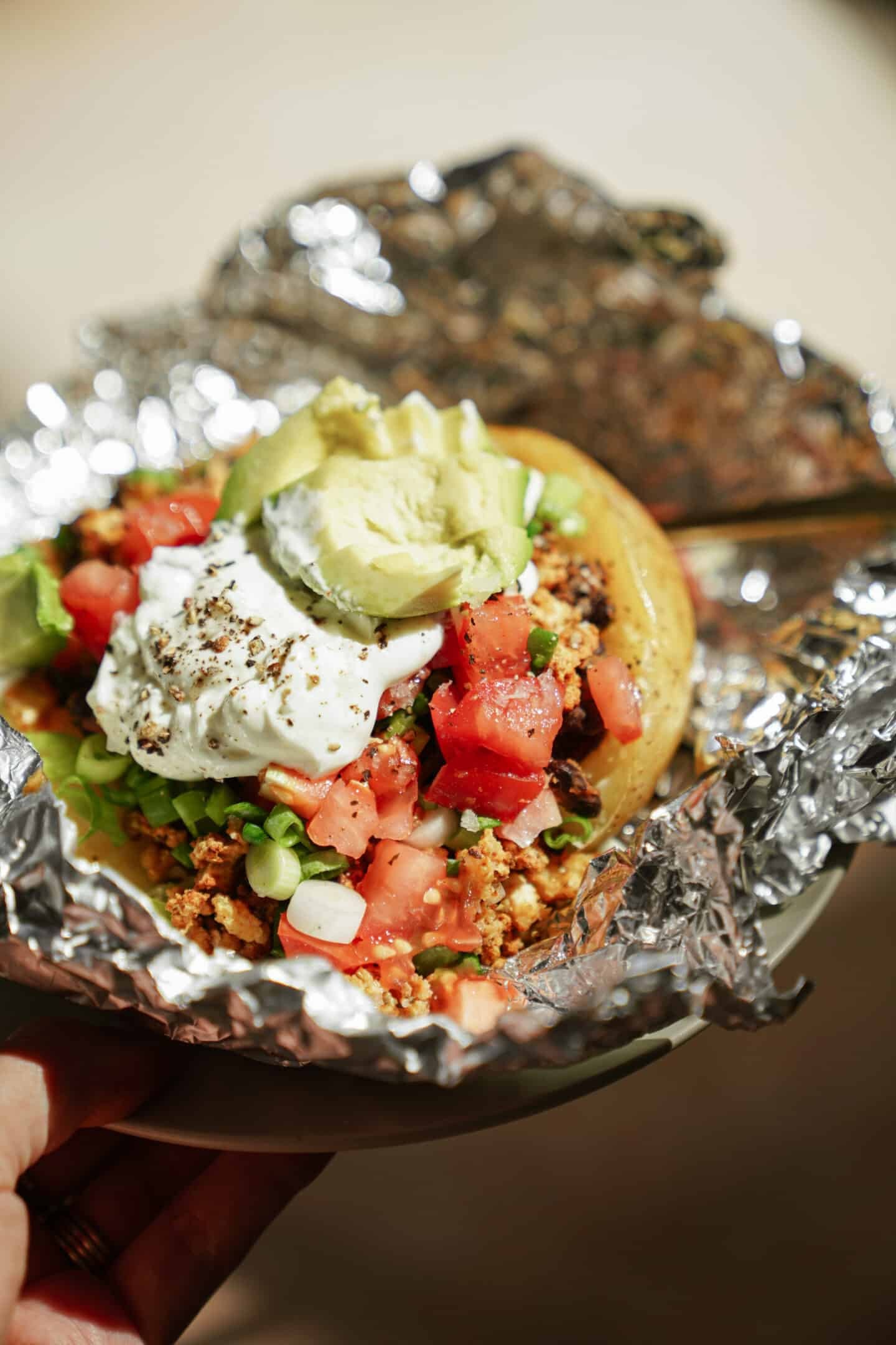 High protein baked potato with various toppings