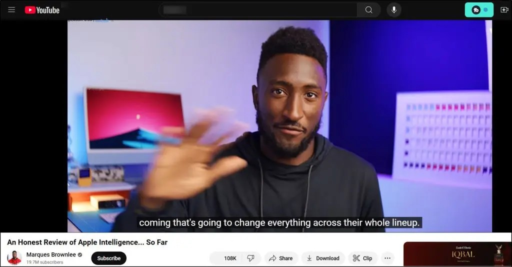 Marques Brownlee YouTube channel screenshot, image of Marques with hand up, title of video