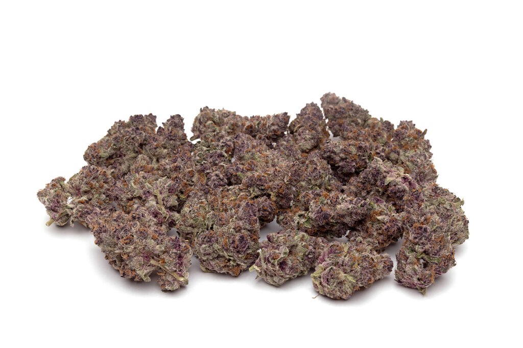 one ounce of marijuana flower on a white background