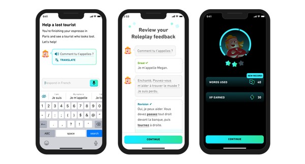 Three phone screens illustrating the Roleplay experience, showing interactive conversations and AI feedback.