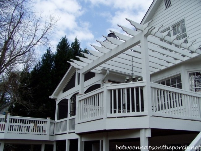 Finished screened porch with decks and pergola