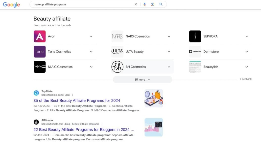 Screenshot from google showing top beauty affiliate programs, illustrating the ease of finding relevant affiliate opportunities