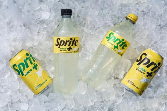 A can of Sprite Lemon+ clearly displaying the "Not recommended for children" label due to its caffeine content.