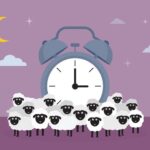 Happy white and black-faced sheep clustered around a big gray alarm clock; crescent moon and clouds against lilac background, concept sleep