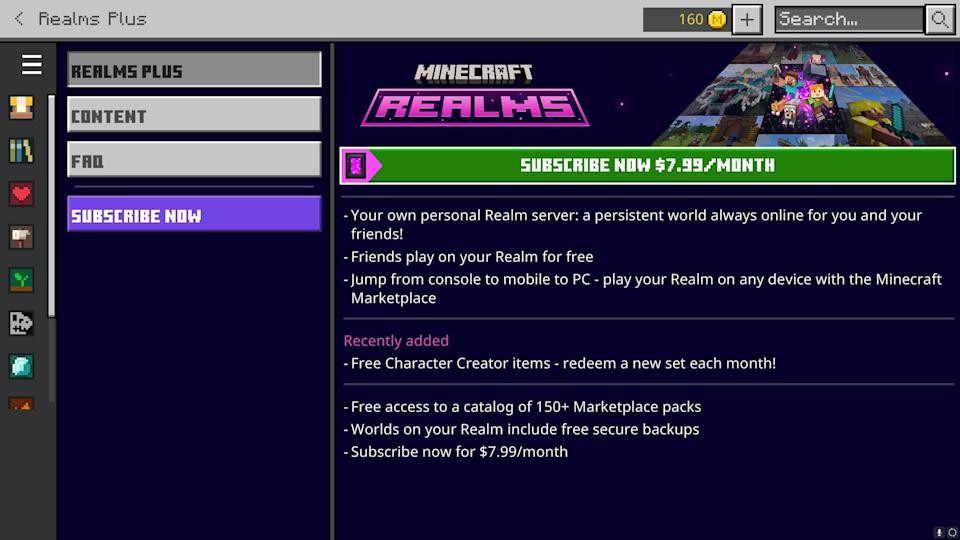 Minecraft Menu Options for Realms