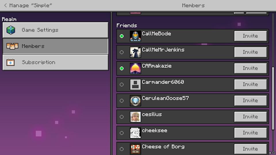 Minecraft Menu Options for Realms