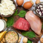 Assortment of high protein foods including eggs, chicken, fish, tofu, and nuts representing various protein sources for a balanced diet.